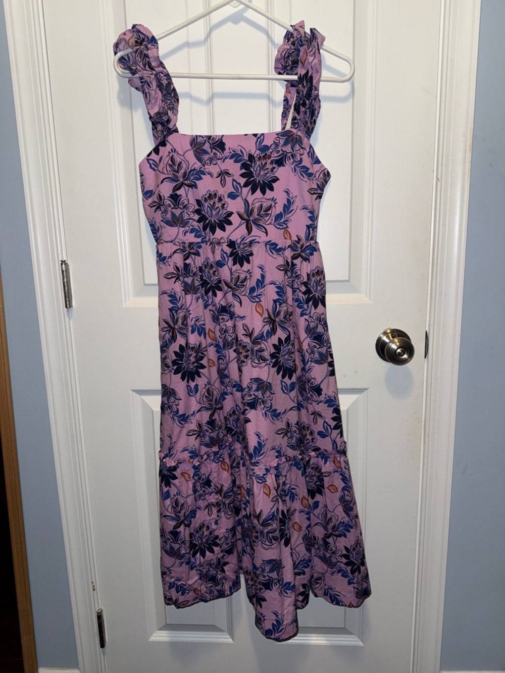 Pink Floral Midi Dress with Ruffled Straps